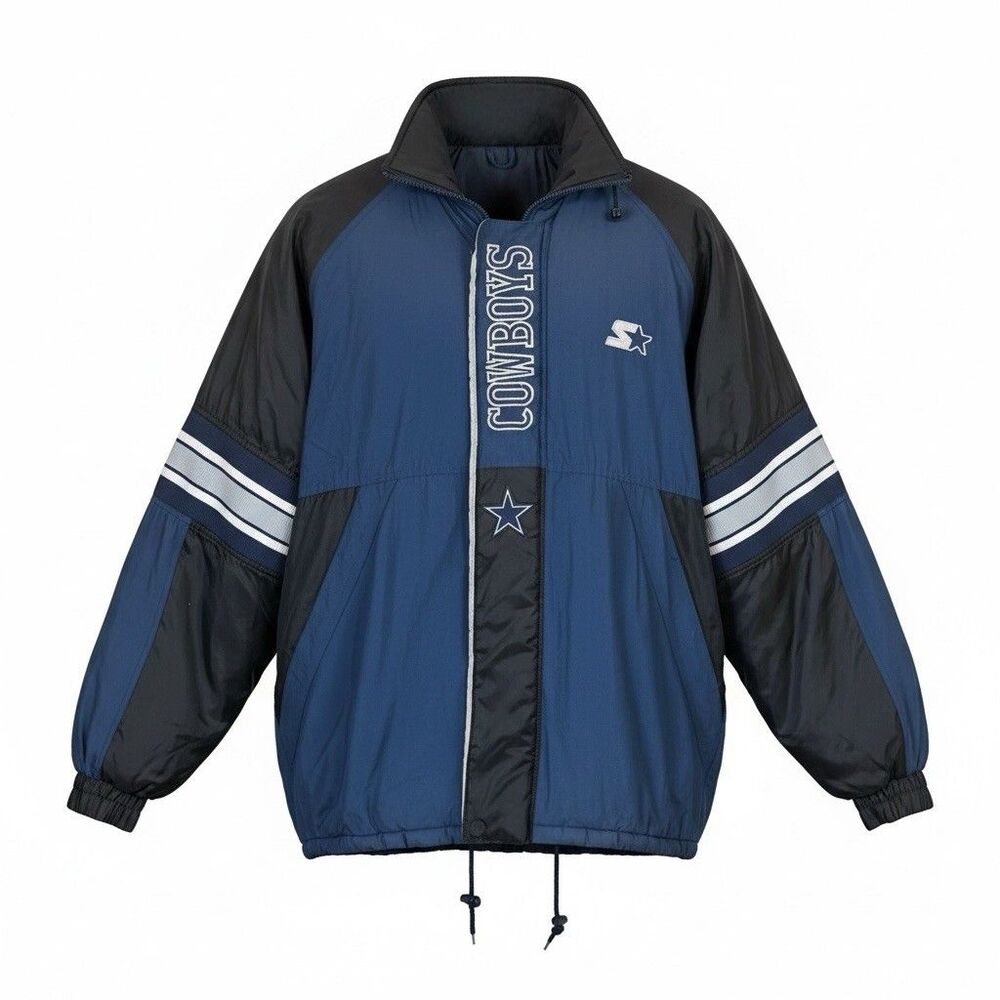 Vintage Starter Dallas Cowboys Hooded Bomber Black Blue Jacket Size XL NFL